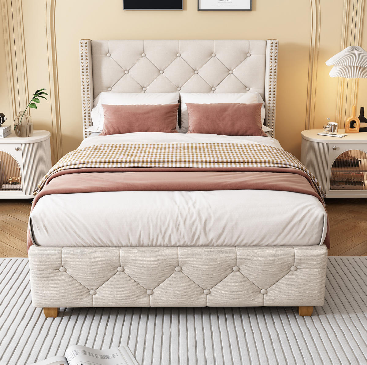 POLSTERBETT 90/200 cm in Beige aus Leinen mit Knopfheftung und Nieten - Beige, Textil (90/200cm) - Flora Grace