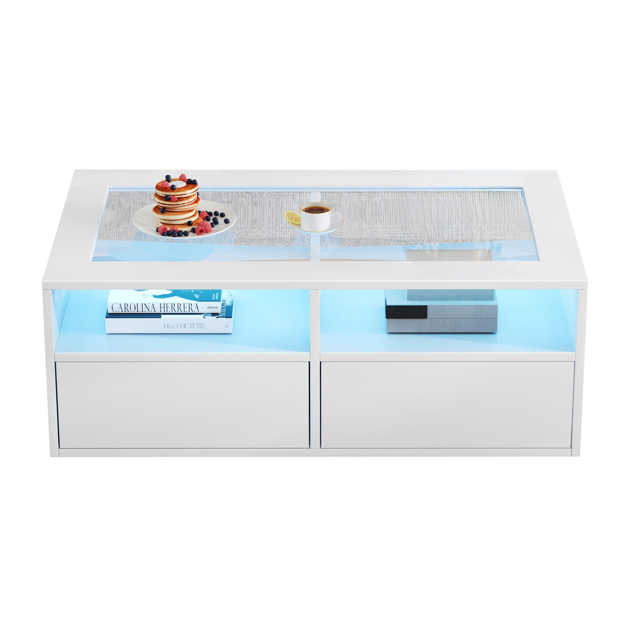 COUCHTISCH in Weiß Wohnzimmertisch mit LED-Beleuchtung, Glasplatte, 2 Schubladen & offenem Stauraum, B100/T50/H35cm - Weiß, Glas/Holzwerkstoff (50/100/35cm) - STILVORA