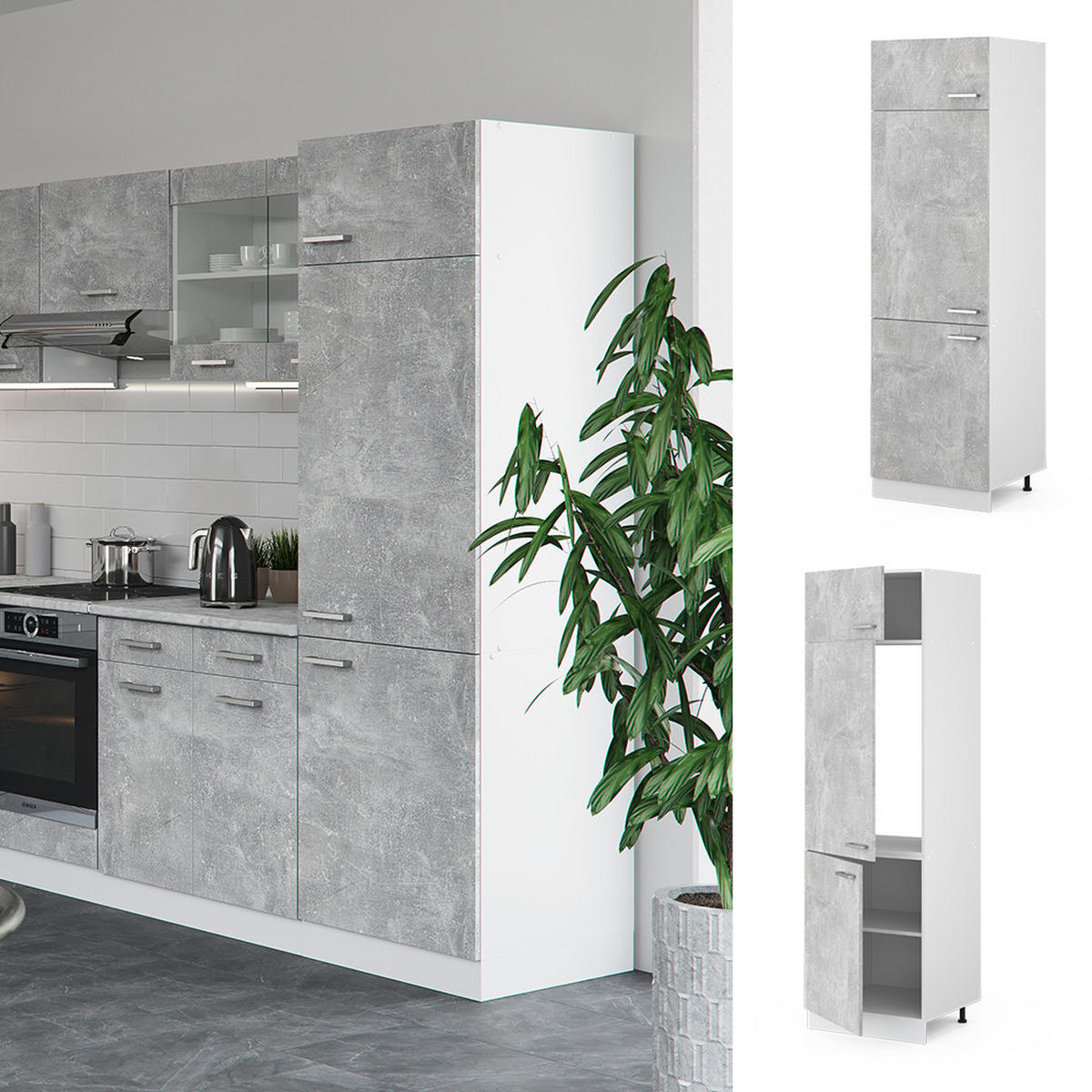 KÜHLUMBAUSCHRANK R-Line Beton 60 cm - Schieferfarben/Hellgrau, Holzwerkstoff (60/206.8/57.2cm) - Vicco