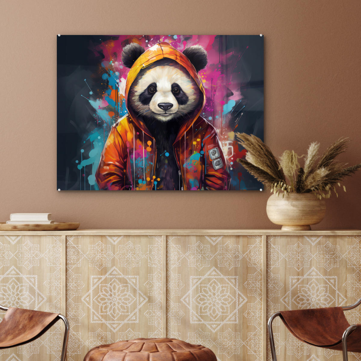 ACRYLGLASBILD Panda - Jacke - Graffiti - Orange 80x60 cm - Orange, Glas (80/60cm) - MuchoWow