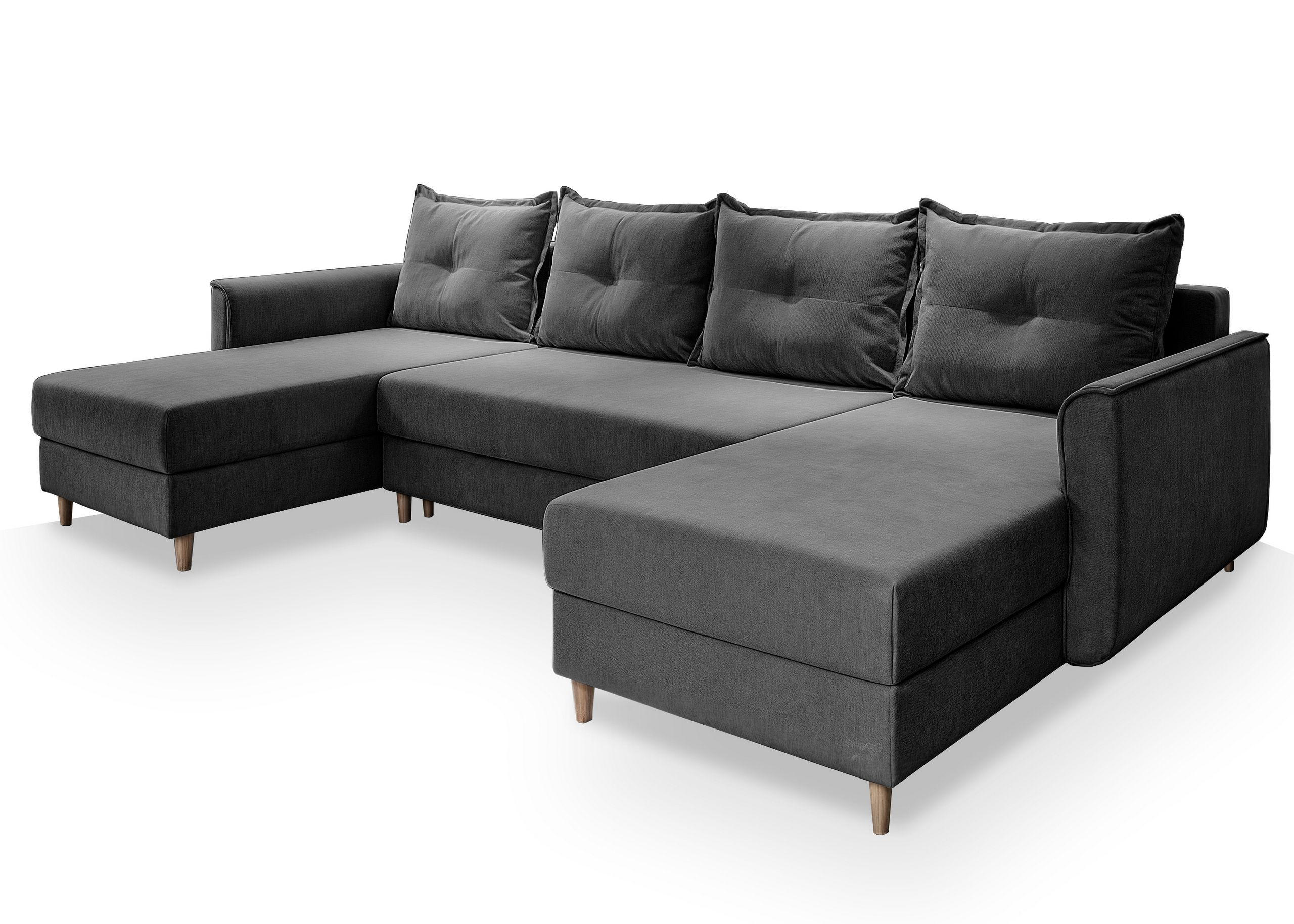 WOHNLANDSCHAFT VERNI Grau Plüsch-Stoff mit Schlaffunktion - Grau, Holz (285/91/143cm) - MASSENO