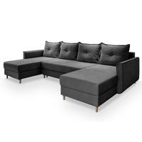 WOHNLANDSCHAFT VERNI Grau Plüsch-Stoff mit Schlaffunktion - Grau, Holz (285/91/143cm) - MASSENO