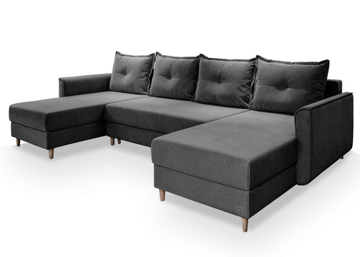 WOHNLANDSCHAFT VERNI Grau Plüsch-Stoff mit Schlaffunktion - Grau, Holz (285/91/143cm) - MASSENO