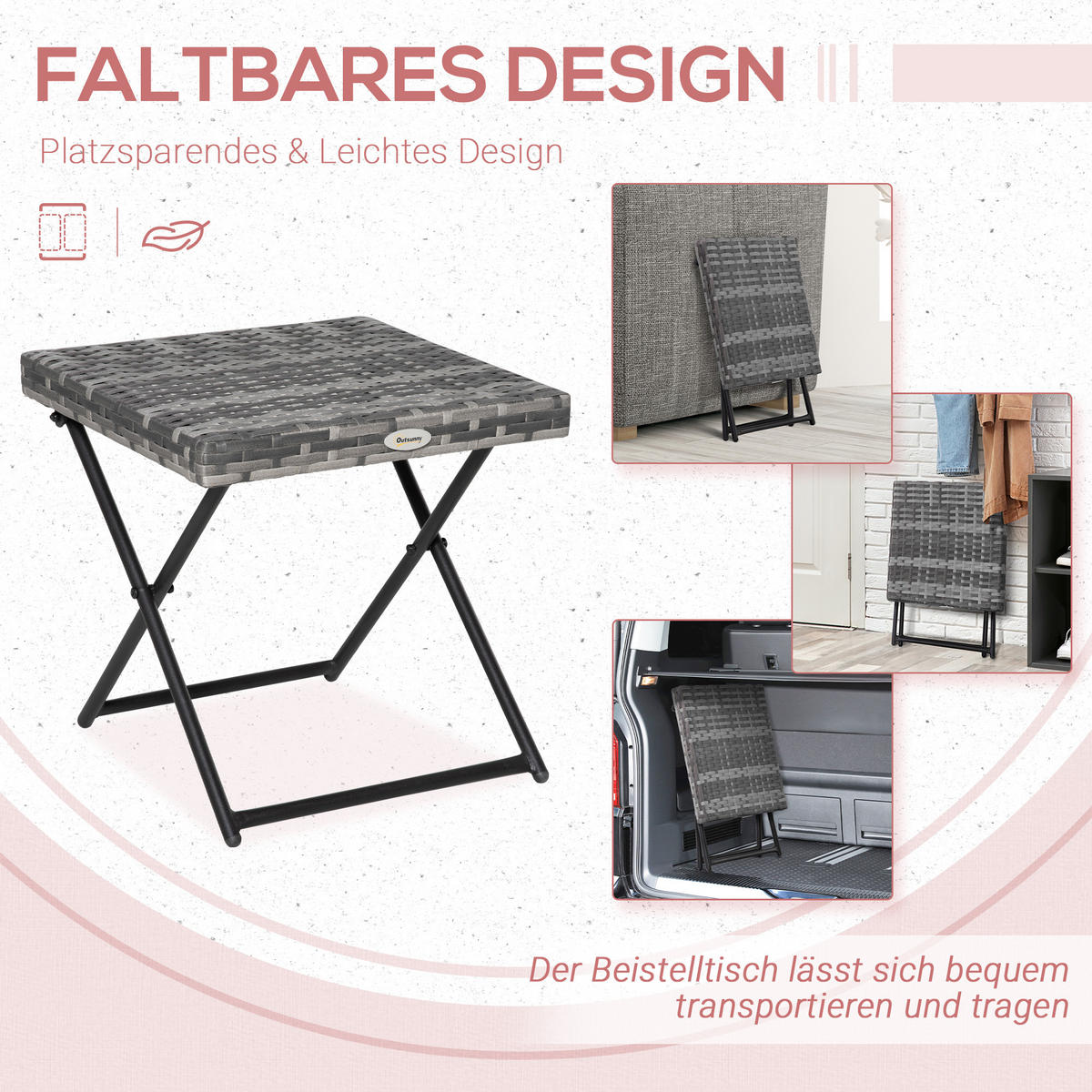 GARTENKLAPPTISCH, Grau, Stahl, Polyrattan - Grau, Kunststoff (40/40/40cm) - Outsunny