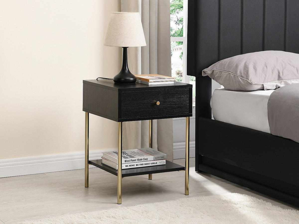 NACHTTISCH mit 1 Schublade - MDF & Metall - Schwarz & Goldfarben - MILAVIA - Schwarz, Holz (40/55/40cm) - Pascal Morabito