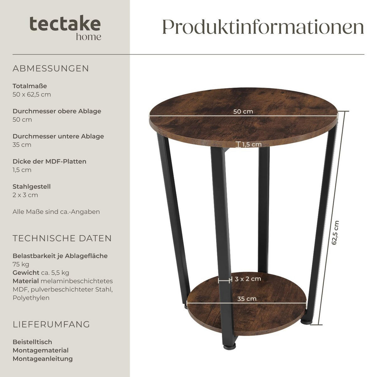 BEISTELLTISCH Swindon,50 x 62,5 cm,Industrial Holz dunkel, rustikal - Rostfarben, Holz (50/50/62.5cm) - tectake
