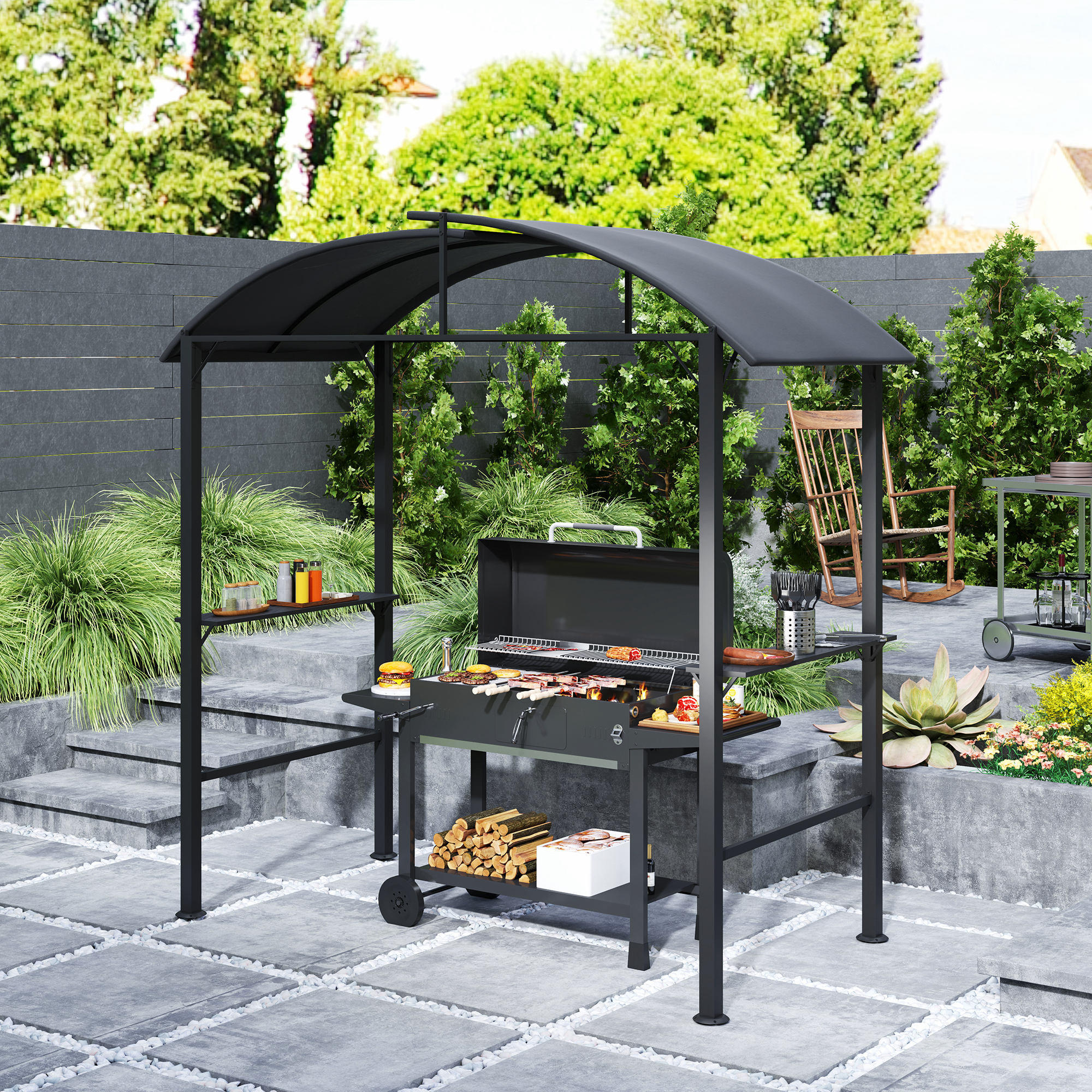 GRILLPAVILLON mit Doppeldach 233 x 110 x 235 cm - Dunkelgrau, Metall (110/235/233cm) - Outsunny