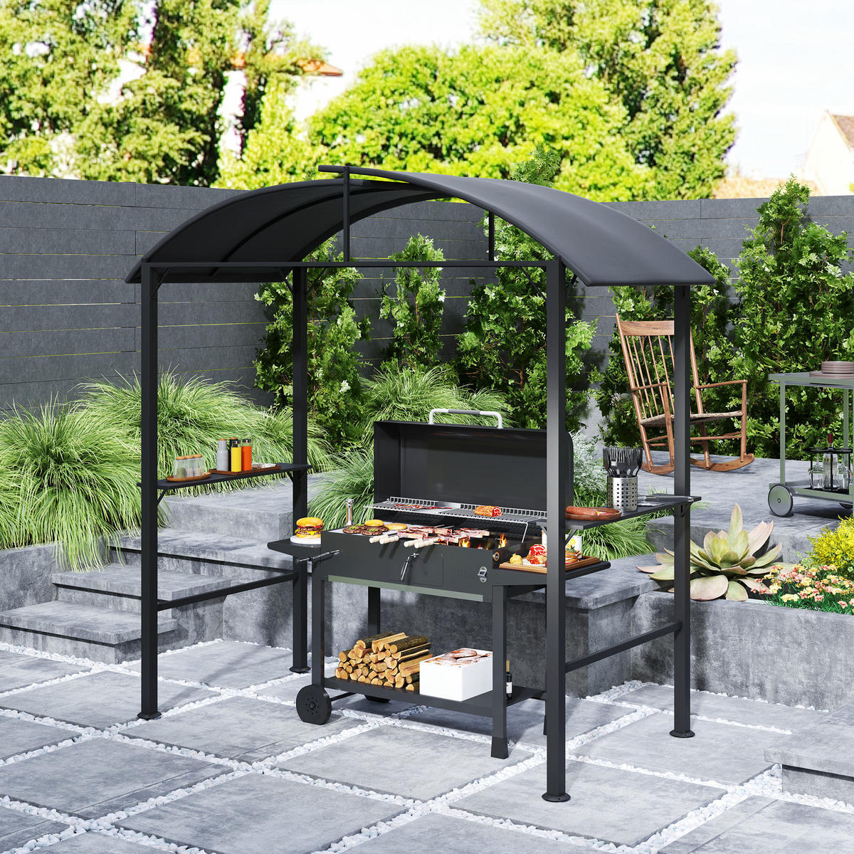 GRILLPAVILLON mit Doppeldach 233 x 110 x 235 cm - Dunkelgrau, Metall (110/235/233cm) - Outsunny