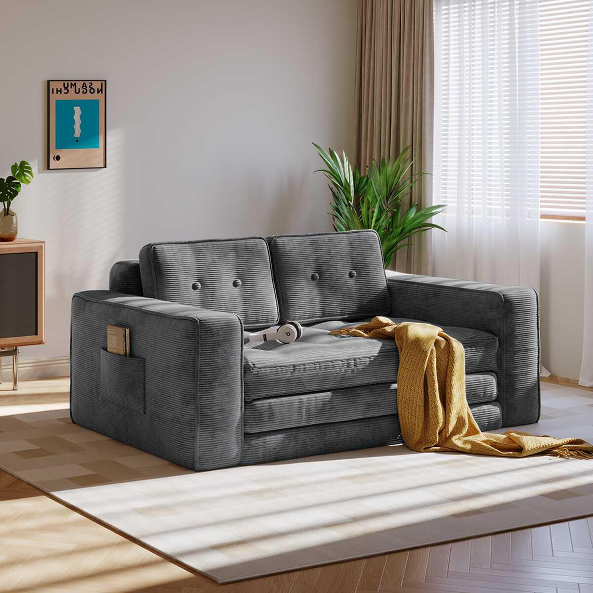SOFA 2-Sitzer, 143 CM, mit 2 Kissen und Armlehnen,für Wohnzimmer, Schlafzimmer,aus Cord,Grau - Grau, Textil (92/42/143cm)