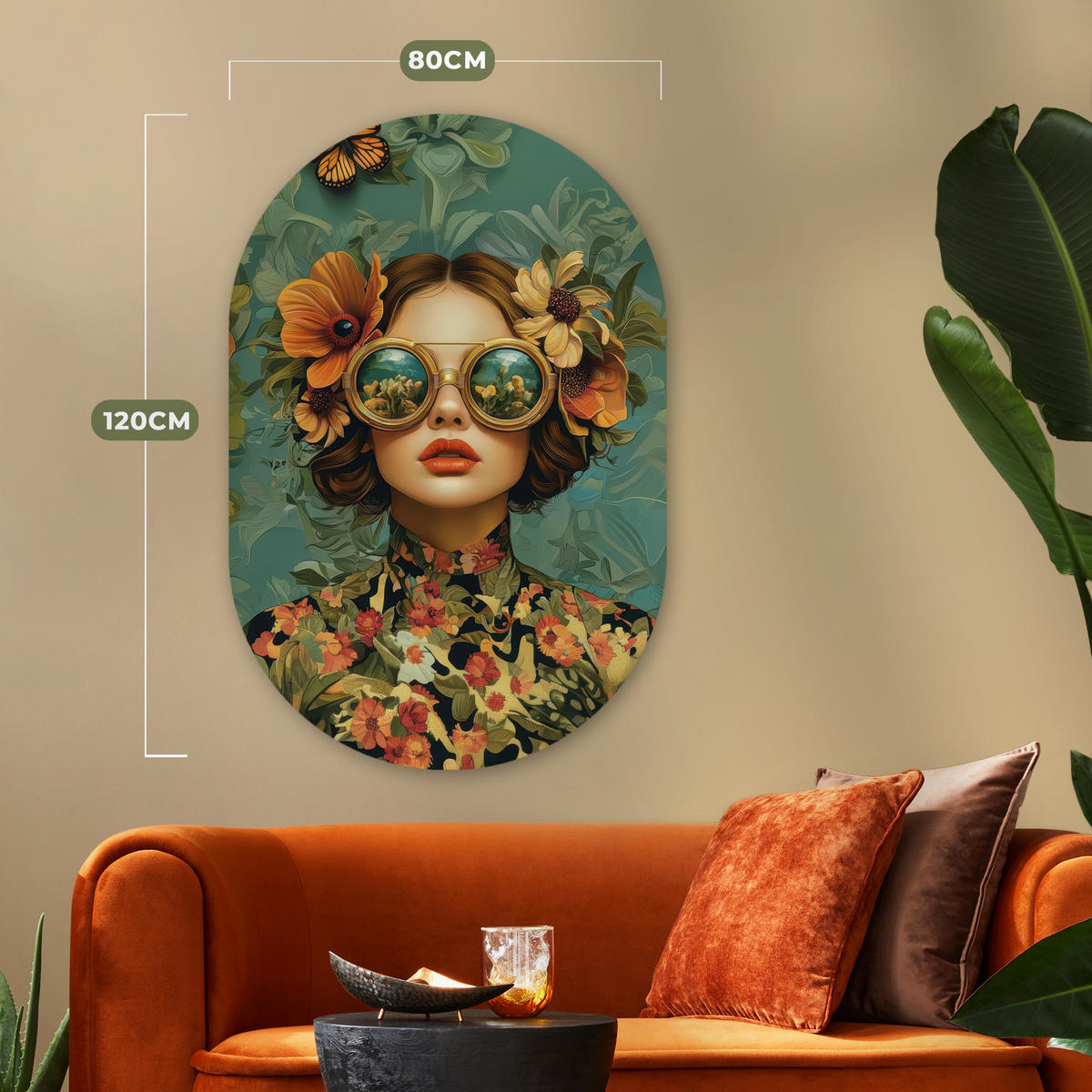 WANDBILD Frau - Blumen - Schmetterlinge - Natur - Vintage 80x120 cm - Petrol, Kunststoff (80/120cm) - MuchoWow