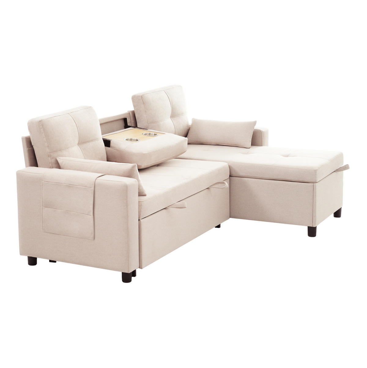 SCHLAFSOFA 211/136 cm in Beige – mit Bettkasten und Chaiselongue - Beige, Textil (136/87/211cm) - BEAOK