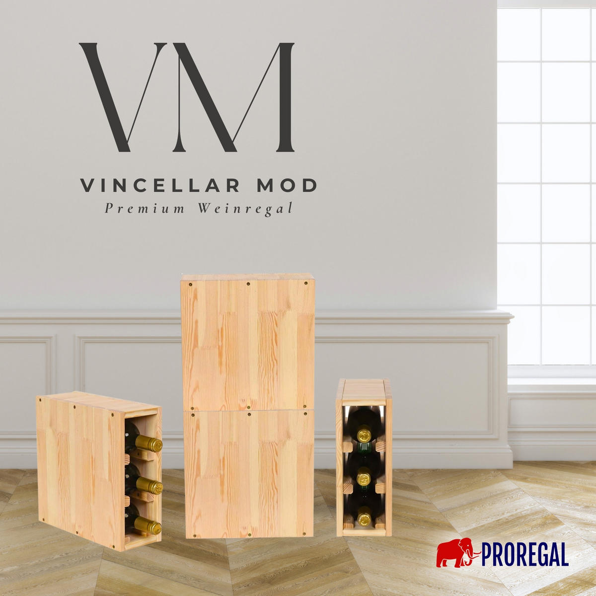 WEINREGAL Vincellar Mod 30x12x30 cm Schmal Modul Für 3 Flaschen Massives Kiefernholz Natur - Naturfarben, Holz (12/30/30cm) - PROREGAL