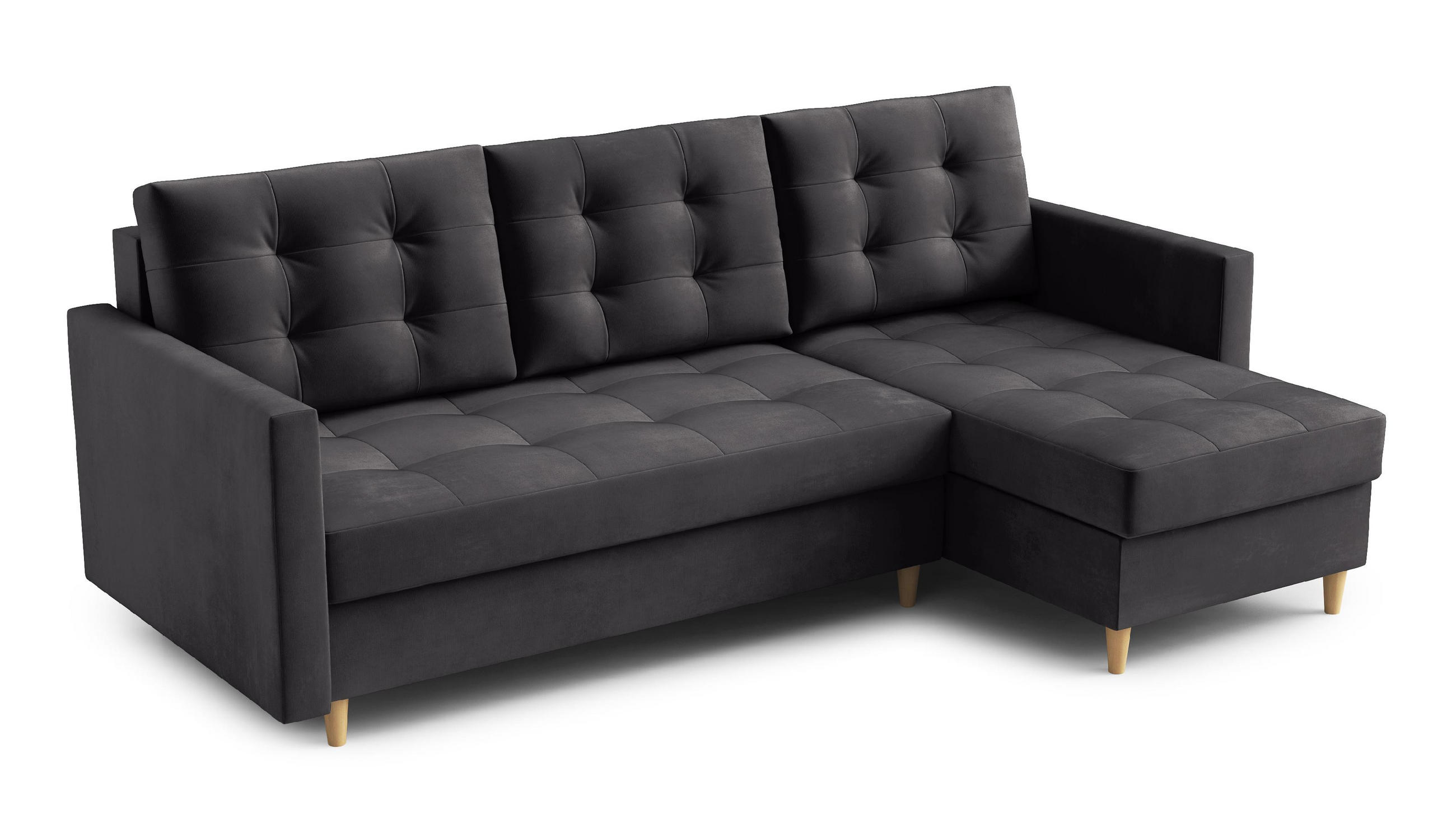 ECKSOFA DIVO Kronos L-förm, Schlaffunktion, elegantes Design, hochwertige Materialien, lose Rückenkissen, freistehend, RECHTS 224x144x95 cm Dark grey - Dunkelgrau, Holz/Textil (224/144cm) - DomoHome