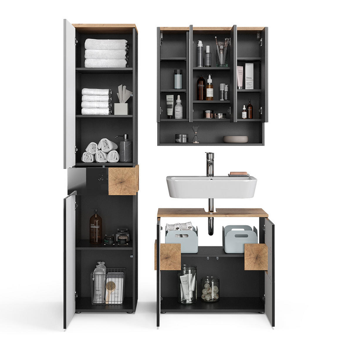 BADMÖBEL-SET Eden Anthrazit 3 Teile, mit Hochschrank - Anthrazit/Eiche Artisan, Holzwerkstoff (73/64/37cm) - Vicco