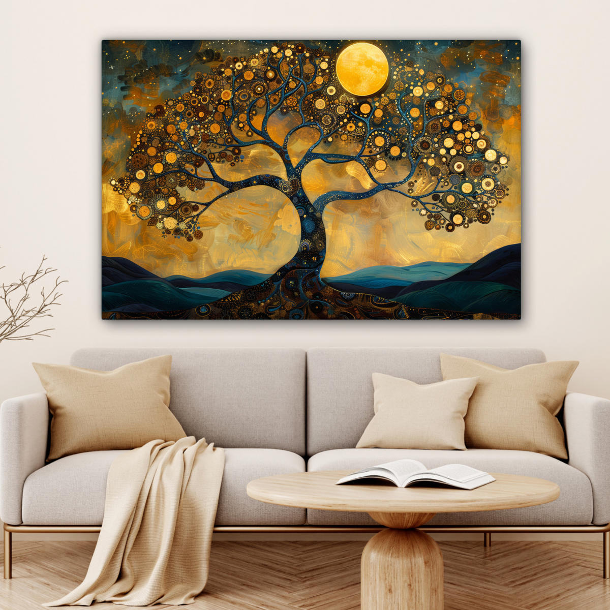 LEINWANDBILD Baum - Mond - Blumen - Gold - Kunst Groß 140x90 cm - Orange, Textil (140/90cm) - MuchoWow