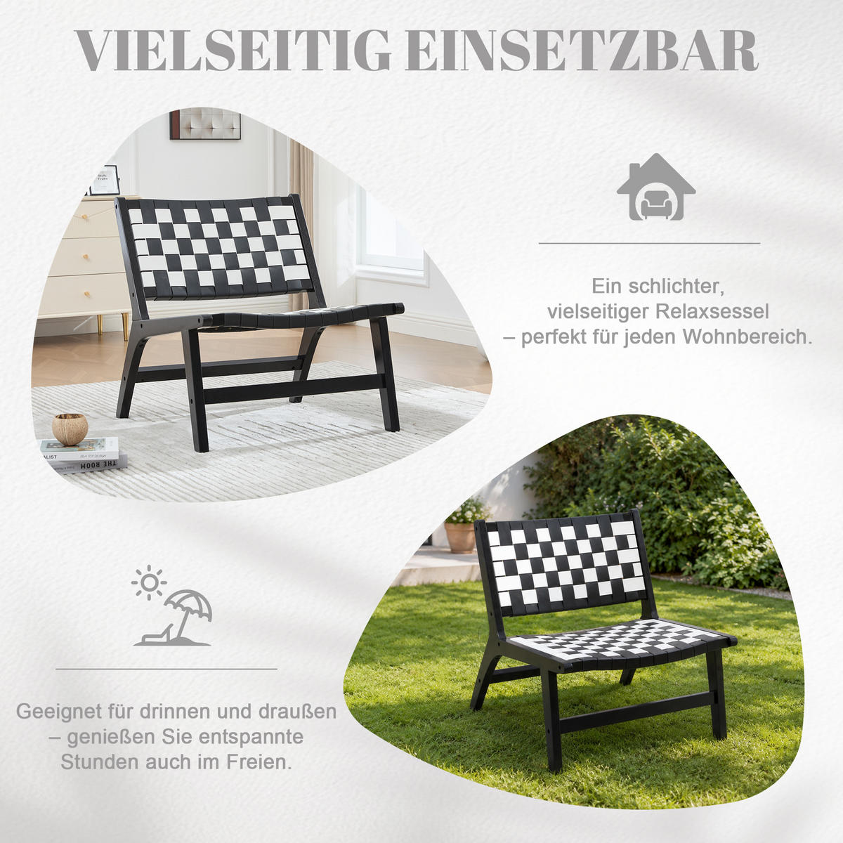 RELAXSESSEL mit Holzgestell, Kunstleder Flechtwerk, Breite Sitzfläche, Schwarz - Schwarz/Weiß, Holz (66/72/71cm) - LVHOM