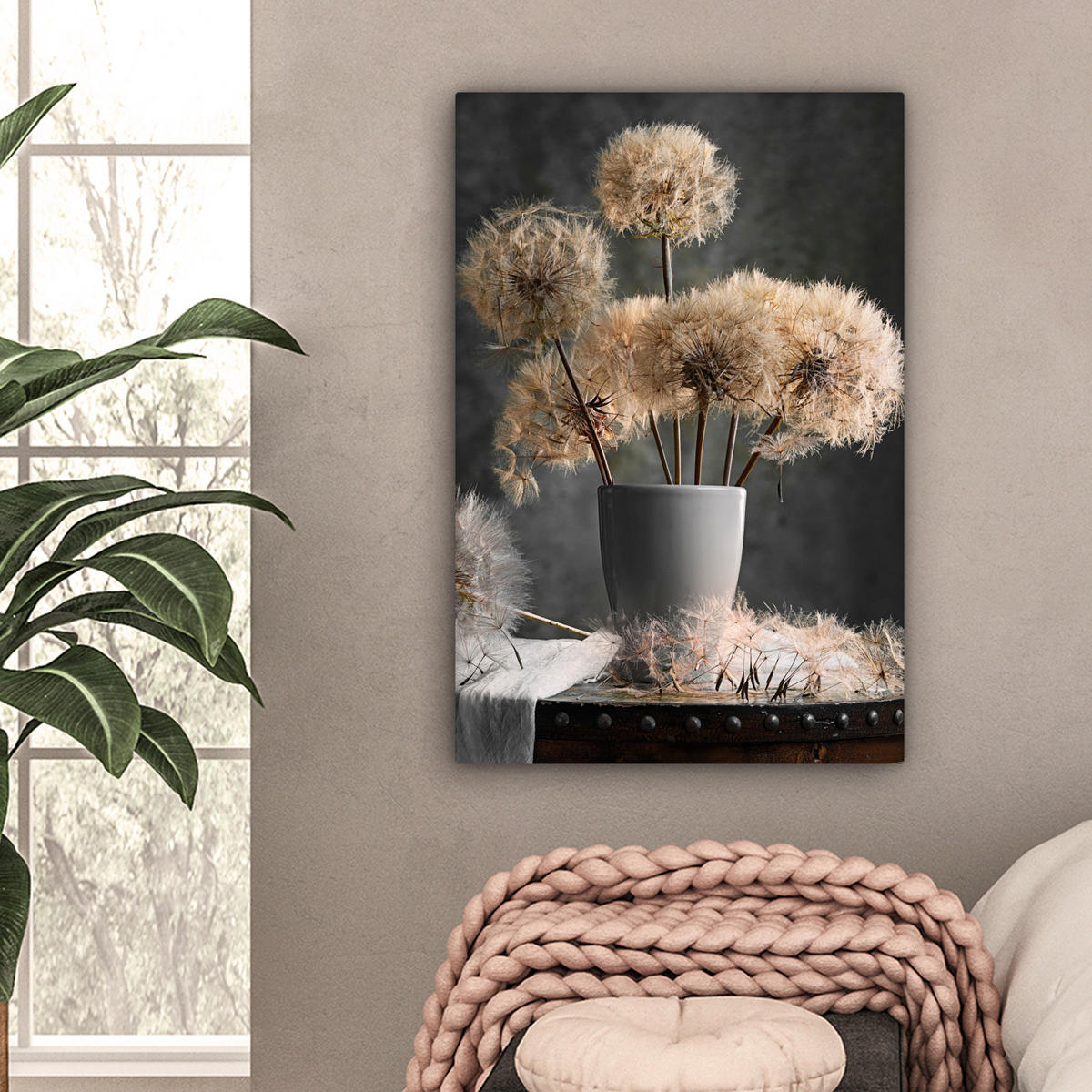LEINWANDBILD Blumensamen - Löwenzahn - Vase - Stilleben - Blumenstrauß Wanddeko 40x60 cm - Dunkelgrau, Textil (40/60cm) - MuchoWow