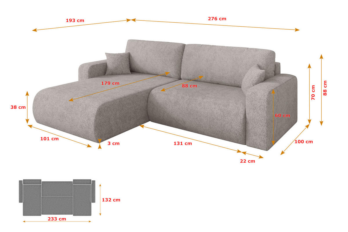ROHOVÁ SEDAČKA s funkcí spaní, otoman vlevo BERY-L 276x193x88 světle šedá velur - černá/světle šedá, kompozitní dřevo/textil (276/193cm) - ALTDECOR