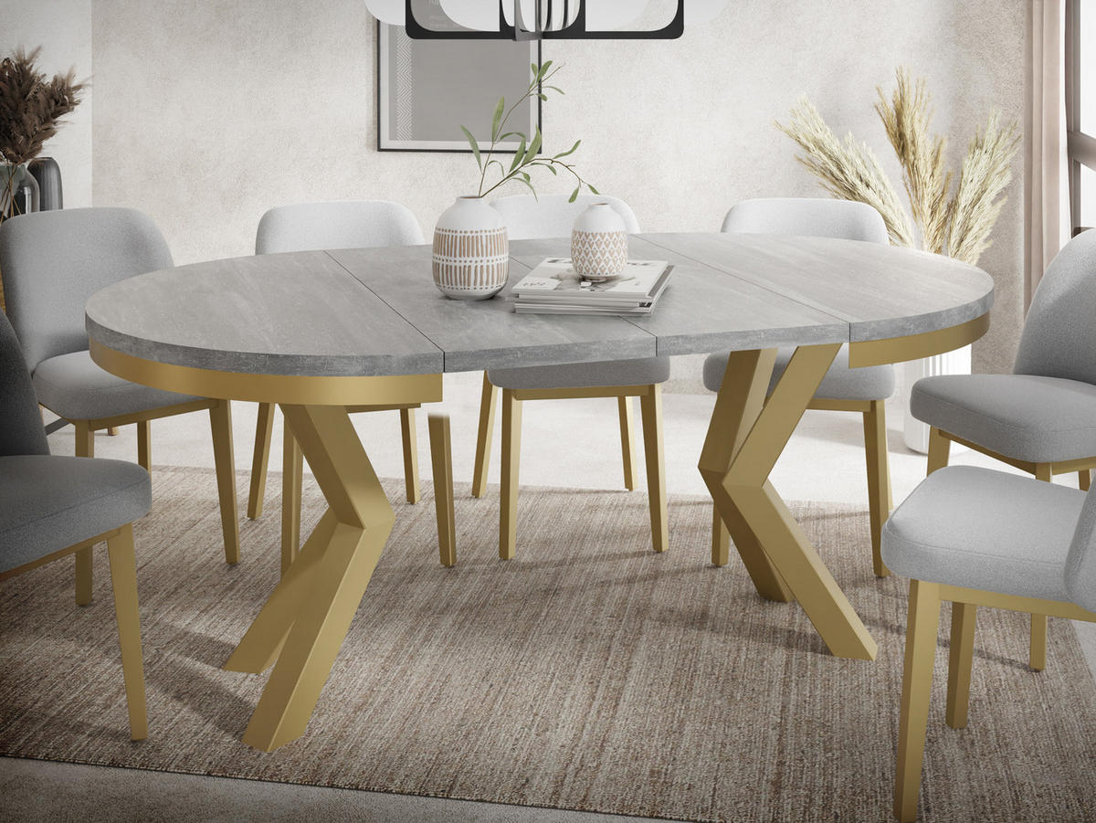 ESSTISCH Clara Gold runder ausziehbarer, Grauer Beton 120-200/120/76 cm - Goldfarben/Hellgrau, Holzwerkstoff/Metall (120/120/76cm) - WFL GROUP
