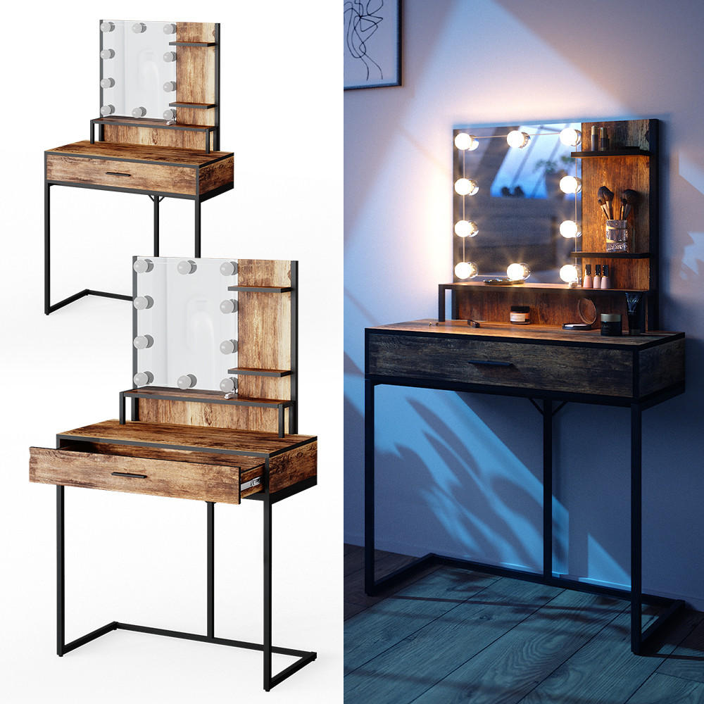 SCHMINKTISCH Fyrk Antikholz 80 cm mit LED-Lampen - Eichefarben/Schwarz, Holzwerkstoff (80/135.5/40cm) - Vicco