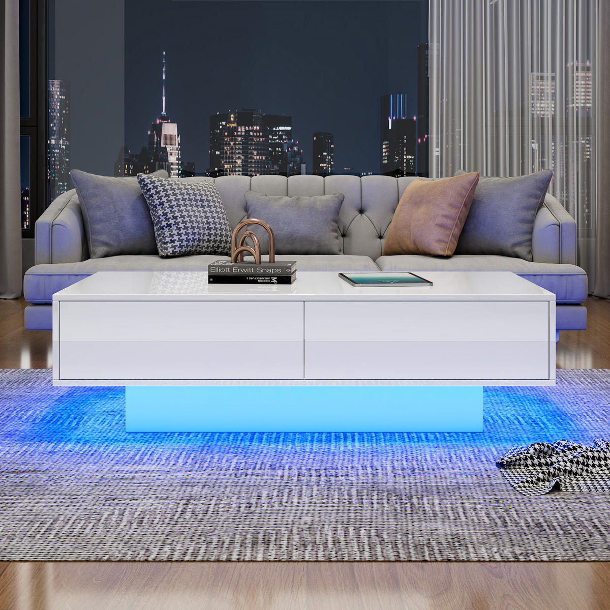 COUCHTISCH 115/55/34 cm in Weiß aus Spanplatte mit LED-Beleuchtung und 2 Schubladen - Weiß, Holzwerkstoff (115/55/34cm) - OKMYHOME