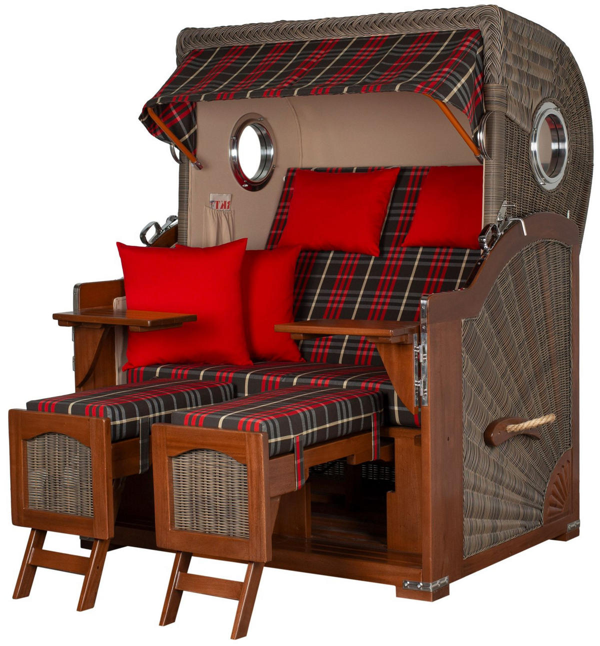 STRANDKORB Komplettset: Ammersee Mahagoni Bullauge - PE grau - Modell 529 - Beige/Rot, Holz/Kunststoff (125/165/80cm) - bene living