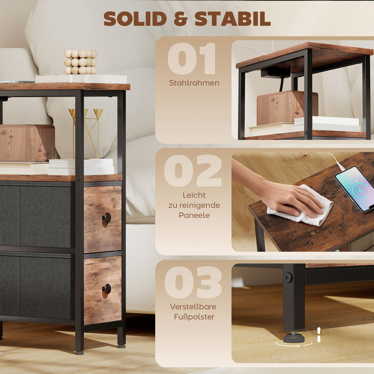 BEISTELLTISCH mit Schubladen Rustikalbraun 20/40/63 cm - Schwarz/Braun, Textil/Metall (40/20/63cm) - HOMCOM