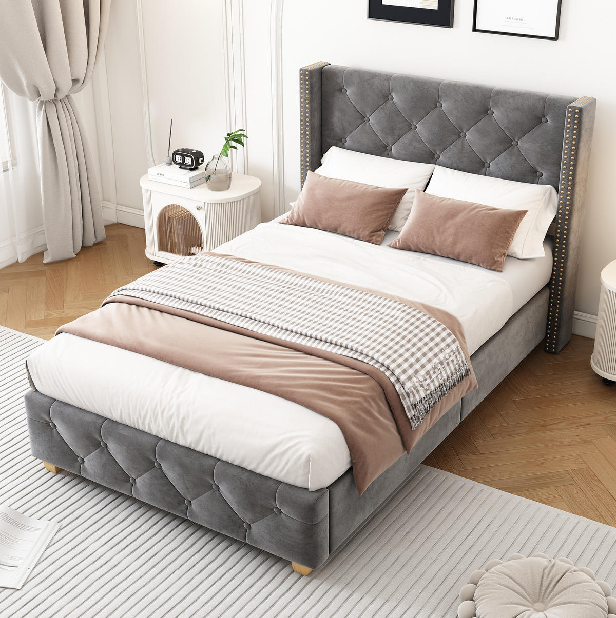 POLSTERBETT 90/200 cm Grau aus Samt mit Lattenrost und Nieten-Details - Grau, Textil (90/200cm) - Flora Grace