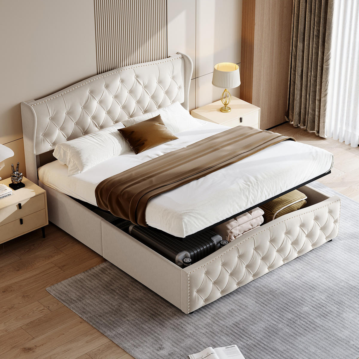 POLSTERBETT 160x200 cm, Beige, mit Bettkasten - Beige, Textil/Metall (160/200cm)