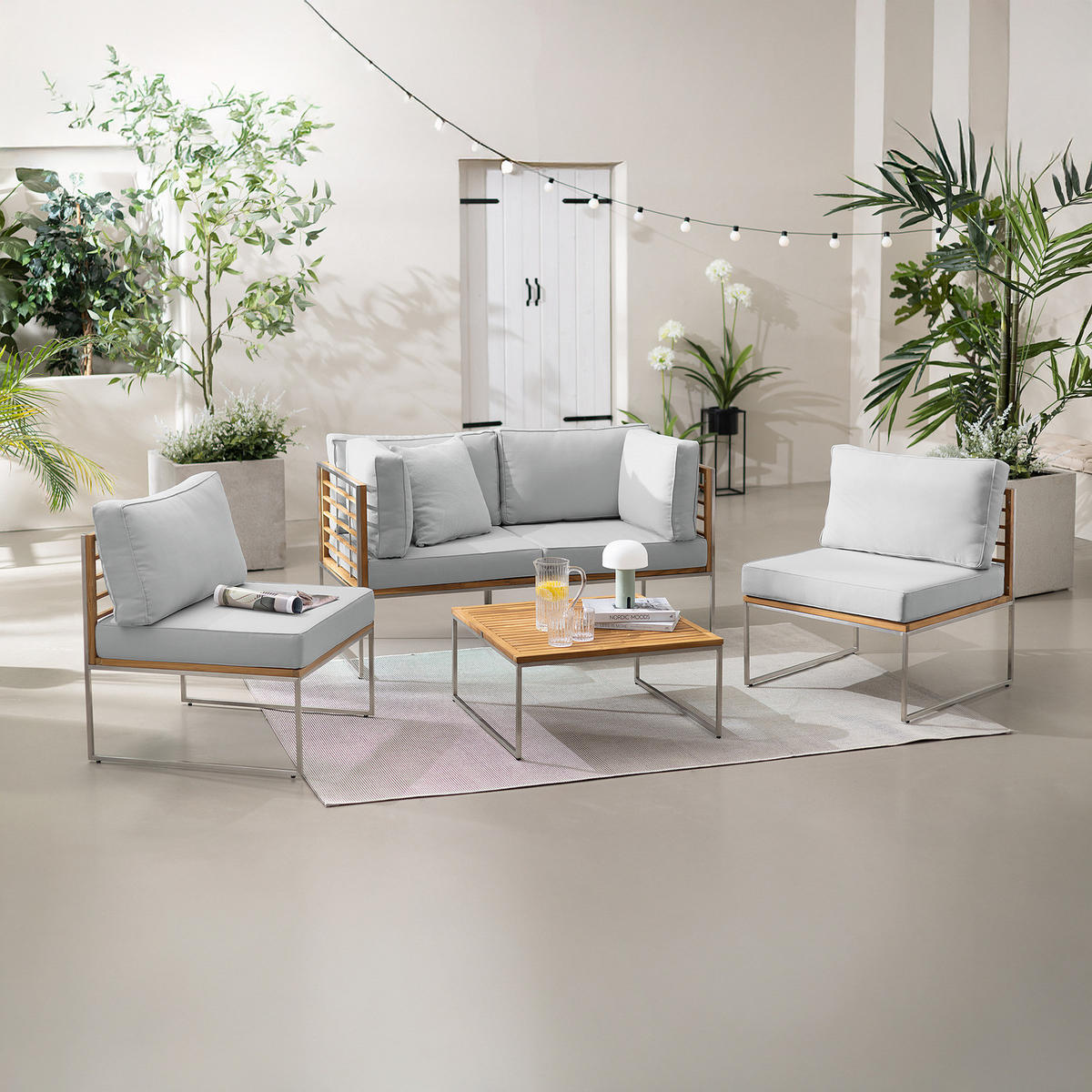 LOUNGESESSEL - Webstoff / Teak massiv - Hellgrau, Holz/Textil (70/74/70cm) - home24