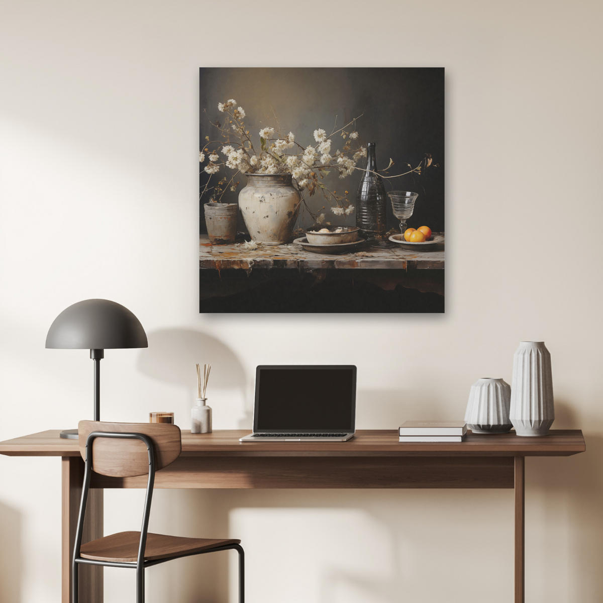 AKUSTICKÝ OBRAZ Zátišie - Kvety - Kytica - Váza - Víno 80x80 cm - čierna, plast (80/80/0.9cm) - MuchoWow