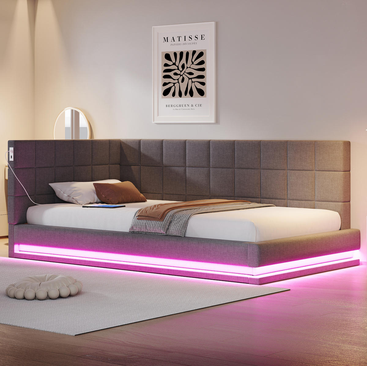 POLSTERBETT 90/200 cm mit LED-Beleuchtung, USB-Anschluss und Lattenrost aus Leinen, Grau - Grau, Textil (90/200cm) - Redom