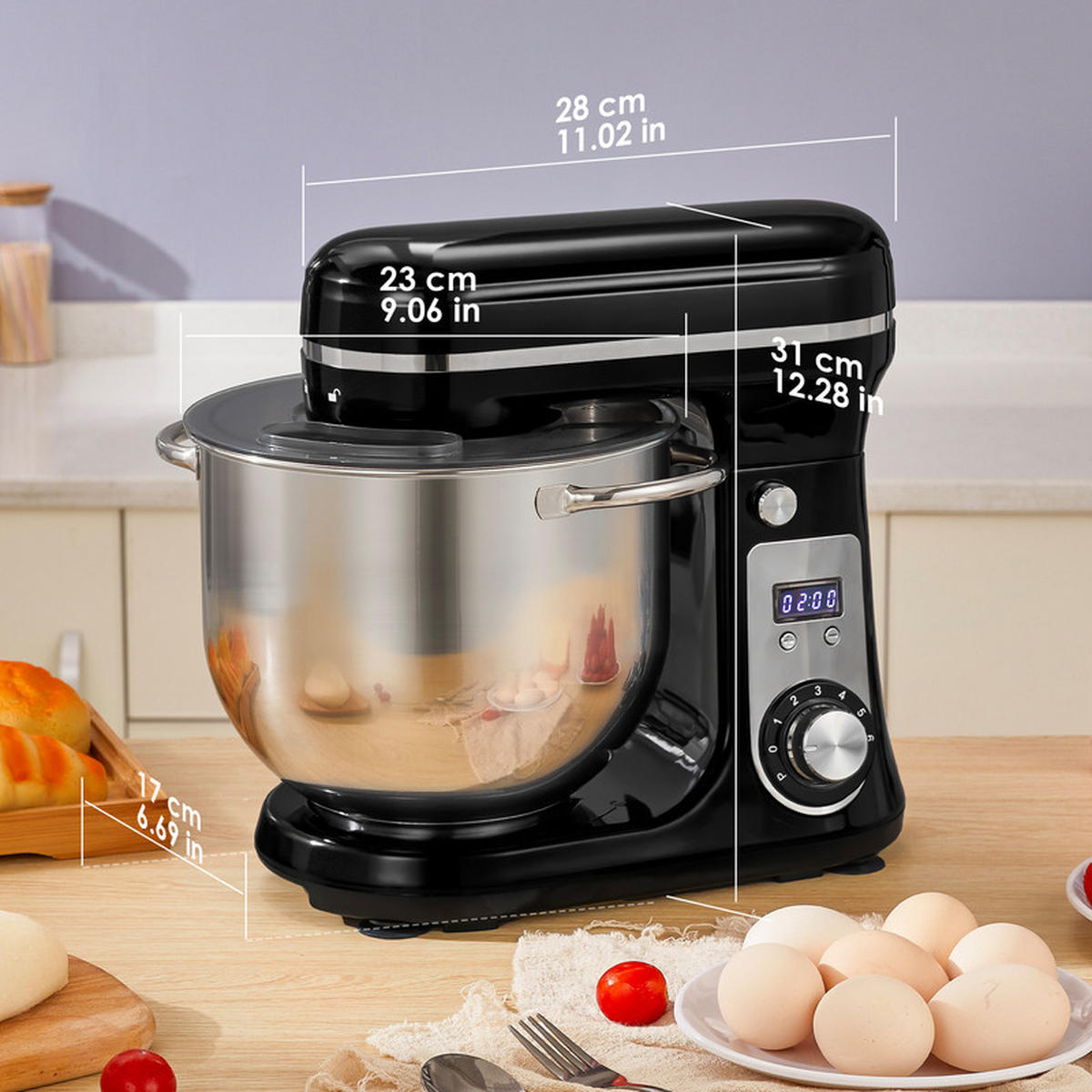KÜCHEN-STANDMIXER – 1200 W DC, 6 Geschwindigkeiten, 6 L Edelstahlschüssel, mit Schneebesen und Knethaken - Schwarz, Metall (17/31/28cm) - Coonoor