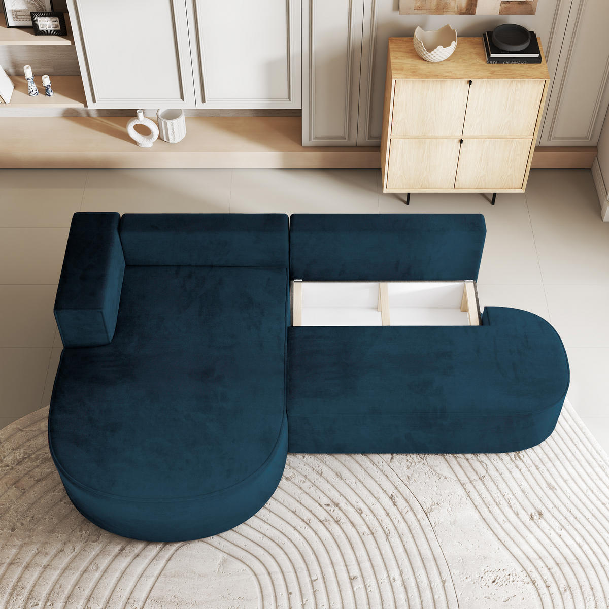 ECKSOFA CORTIO M L-S Blau Velours-Stoff mit Schlaffunktion - Blau, Holz (265/174cm) - MASSENO
