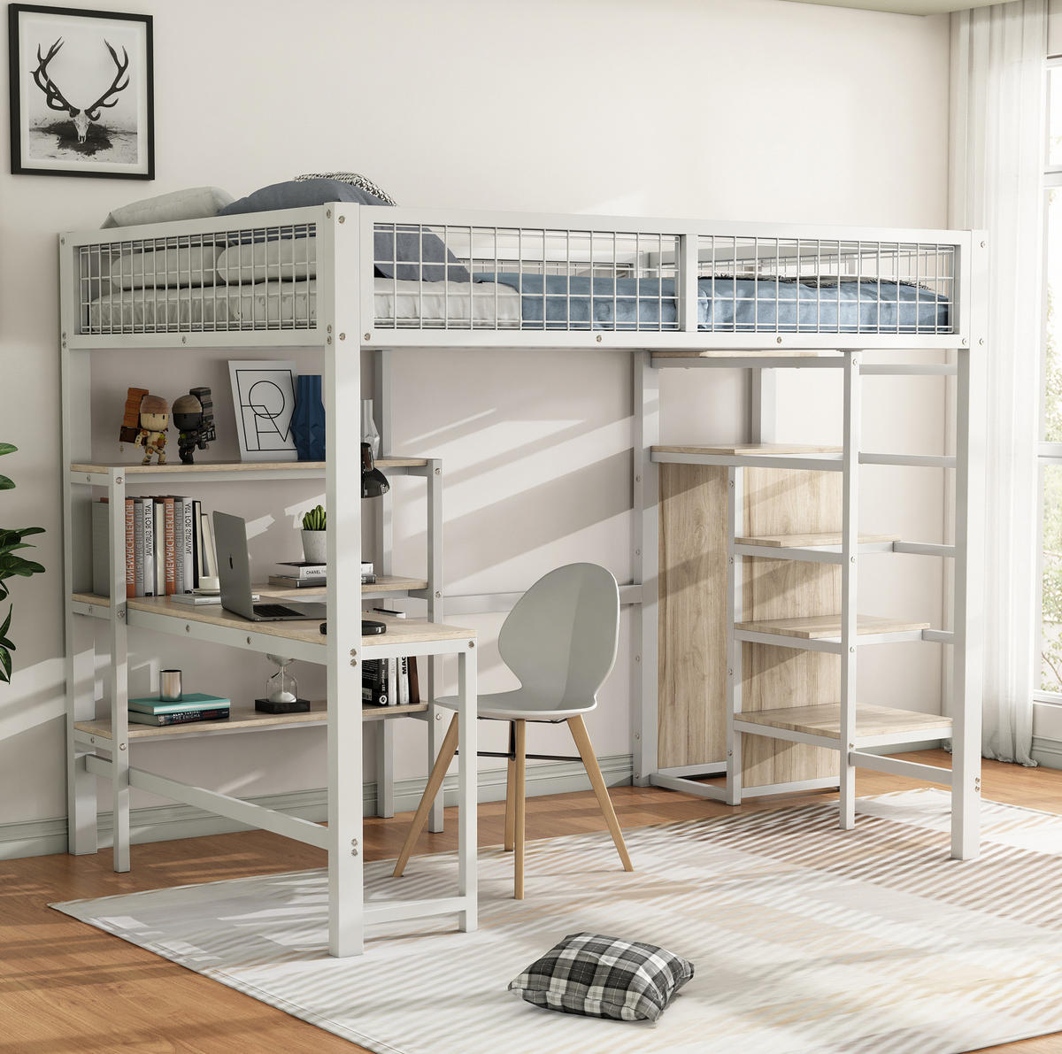 HOCHBETT 140/200 cm Weiß aus Metall und MDF mit Schreibtisch und Kleiderschrank - Weiß, Metall (140/200cm) - OKMYHOME