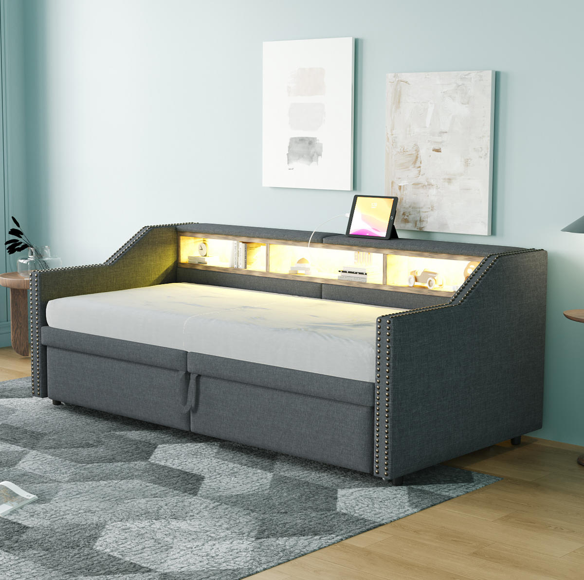 MULTIFUNKTIONSBETT 90/200 cm und 180/200 cm Dunkelgrau mit USB-Anschluss und LED-Beleuchtung Mit Matratze - Dunkelgrau, Textil (90/190cm) - OKWISH