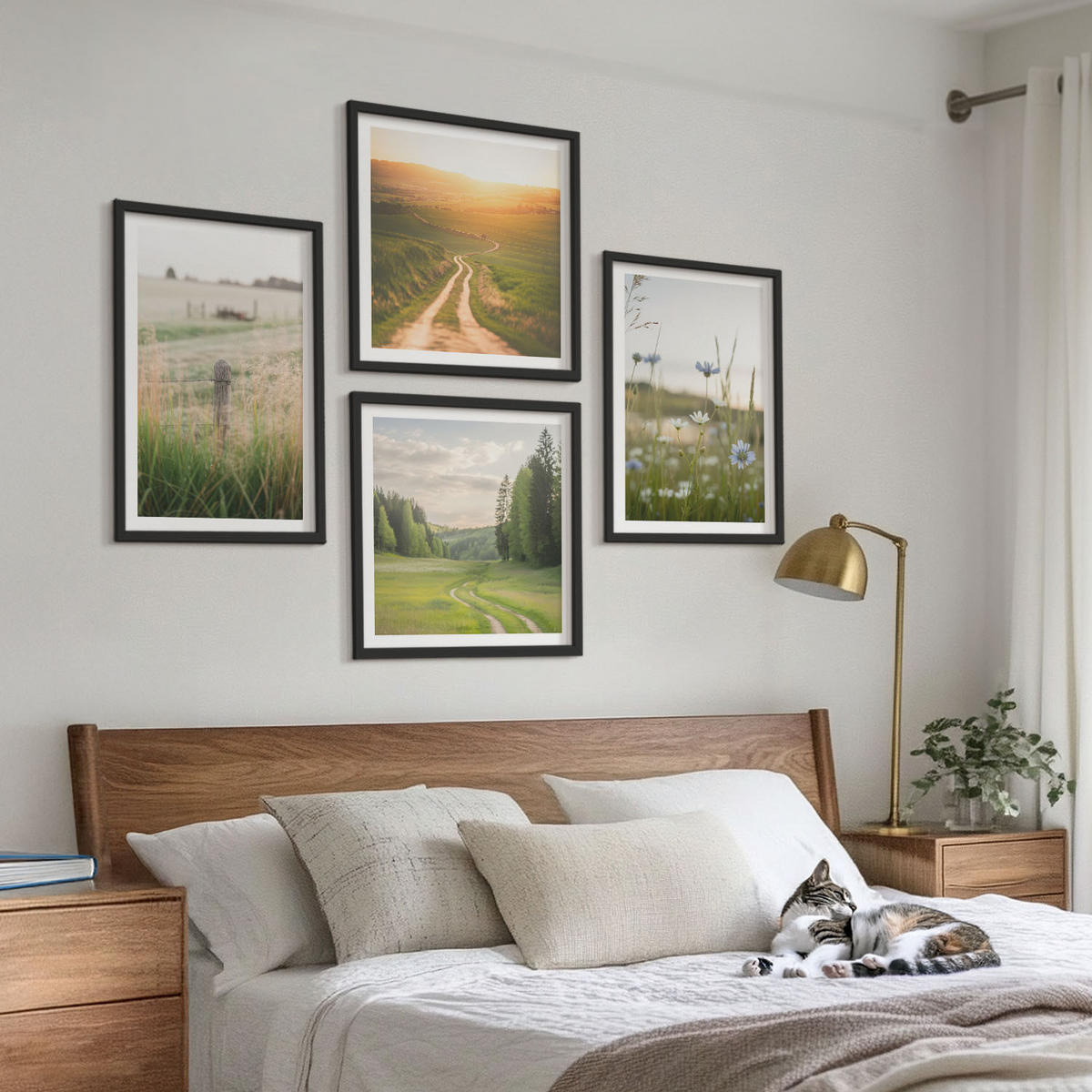 BILDER SET 4er Set - 50x50 cm & 40x60 cm Schwarzer Rahmen - Landschaften Natur Felder Sonne - Schwarz, Kunststoff (50/50cm) - TULUP