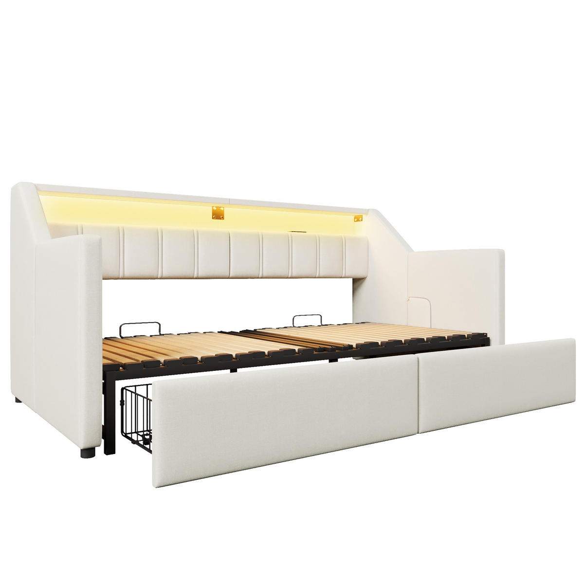 TAGEBETT 90x200cm Beige USB-C LED-Leiste 2 Schubladen Ausziehbett - Beige, Holz (90/200cm) - FLIEKS