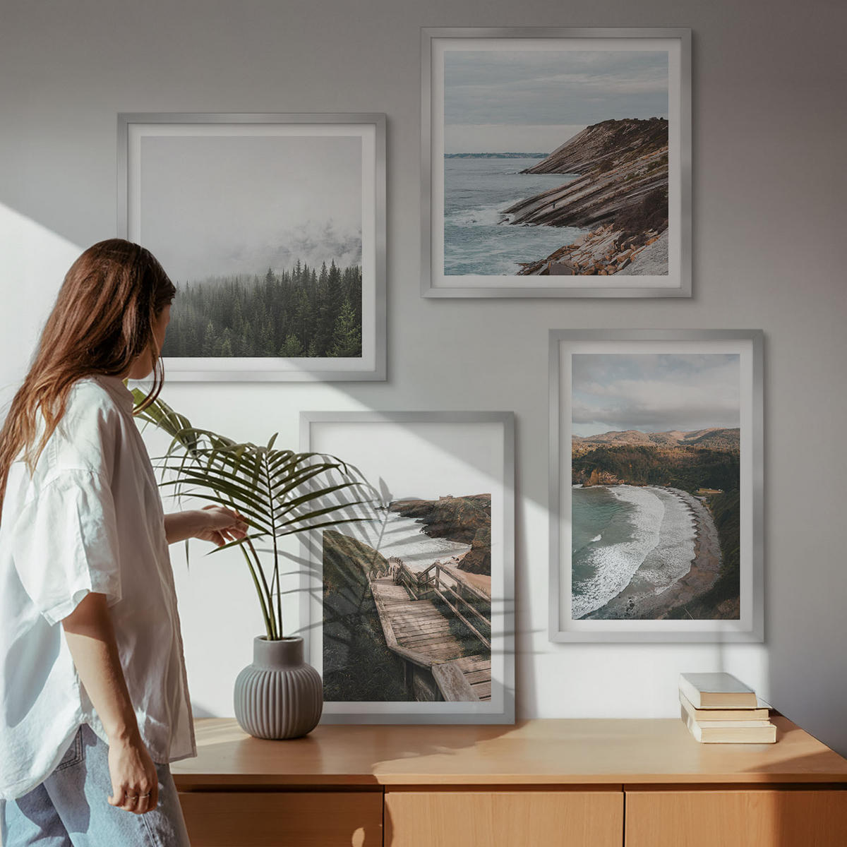 BILDER SET 4er Set - 50x50 cm & 40x60 cm Silberner Rahmen - Klippenblicke, Strandlandschaften - Silberfarben, Kunststoff (50/50cm) - TULUP