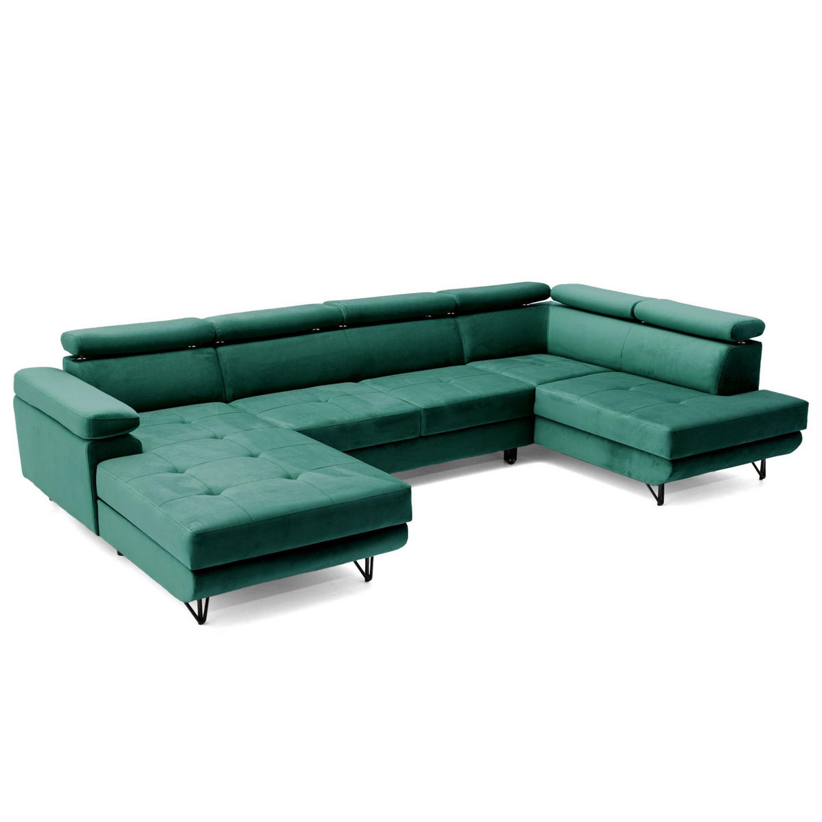 ECKSOFA U-Form JUNIOR U Rechts mit Schlaffunktion 128x254 Velours Dunkelgrün - Dunkelgrün/Schwarz, Holz/Textil (184/90/323cm) - Muffo