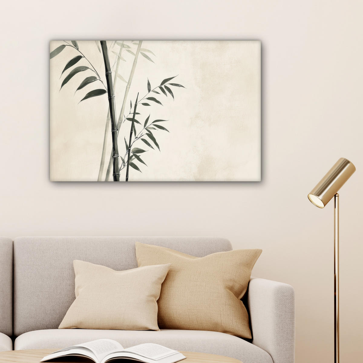 LEINWANDBILD Japandi - Bambus - Beige Gemälde 60x40 cm - Eukalyptusholzfarben, Textil (60/40cm) - MuchoWow
