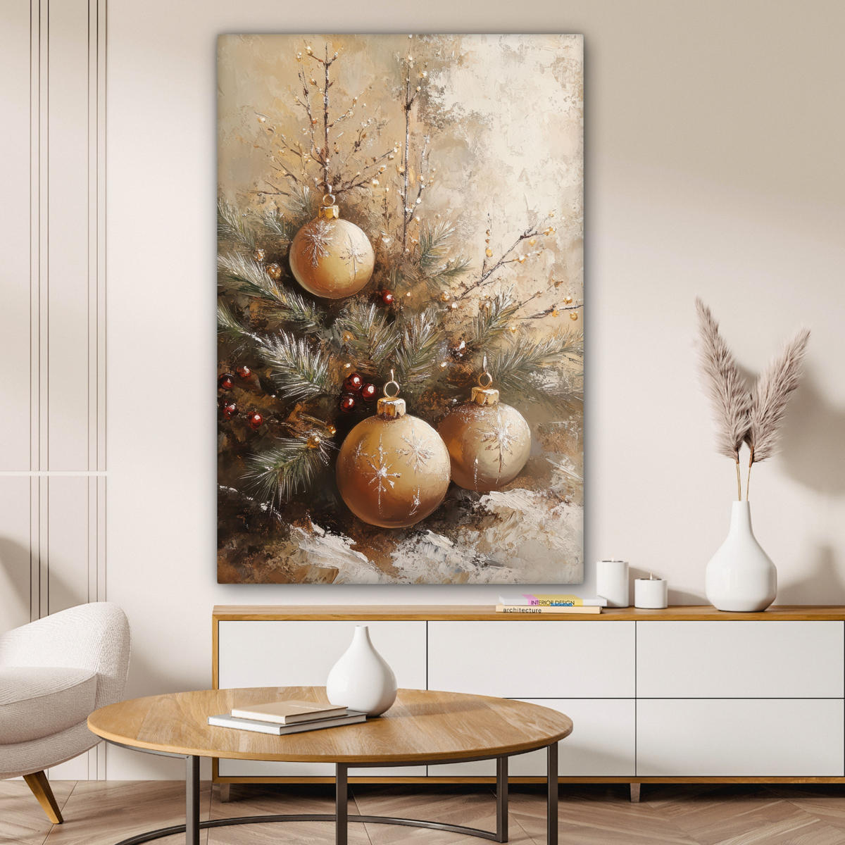 LEINWANDBILD Weihnachten - Kugeln - Beige - Gold Deko XXL 80x120 cm - Goldfarben, Textil (80/120cm) - MuchoWow