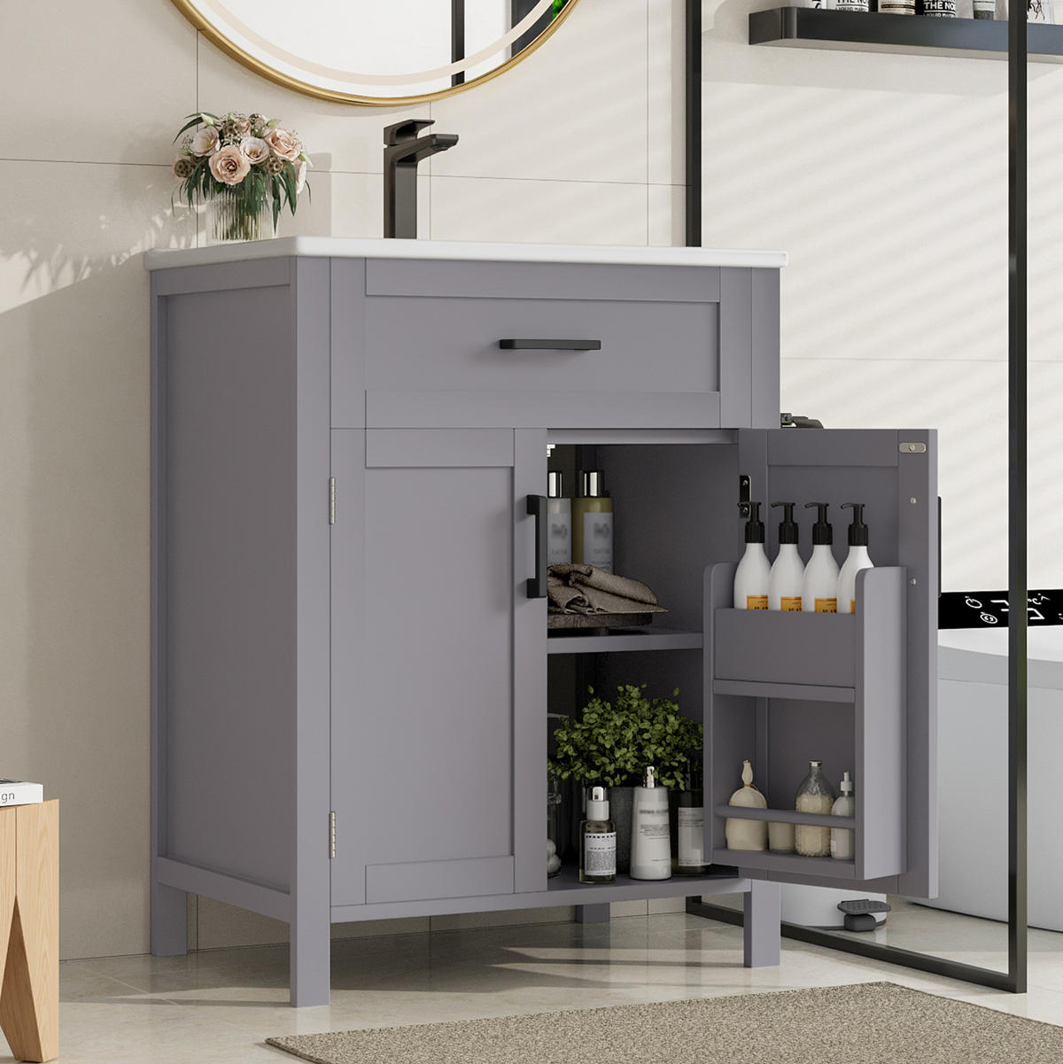 WASCHTISCHKOMBI 60/46/84,8 cm Grau aus Keramik und MDF mit Waschbecken - Grau, Holzwerkstoff (60/84.8/46cm) - OKMYHOME