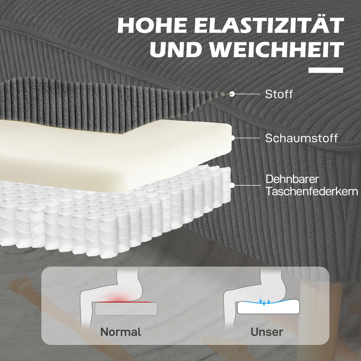 2 Sitzer Sofa, Gepolsterte Couch mit Kordoptik, Holzbeine für Wohnzimmer, Grau - Naturfarben/Grau, Holz/Textil (56.5/77/117cm) - HOMCOM