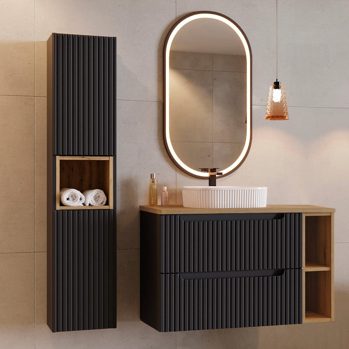 BADMÖBEL 100.4cm Riva 2er-Set Schwarz und Holz - Schwarz, Holzwerkstoff (100.4/59/40cm) - Petits-meubles
