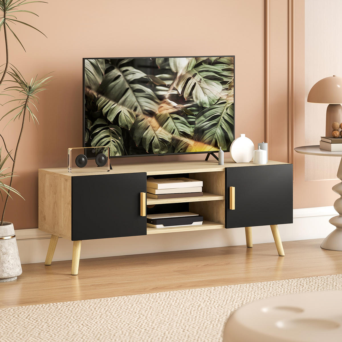 TV-LOWBOARD Eichefarben/Schwarz 110/36,2/42 cm, 2 Türen, Kabelmanagement - Eichefarben, Holzwerkstoff (110/42/36.2cm) - PANGIVO