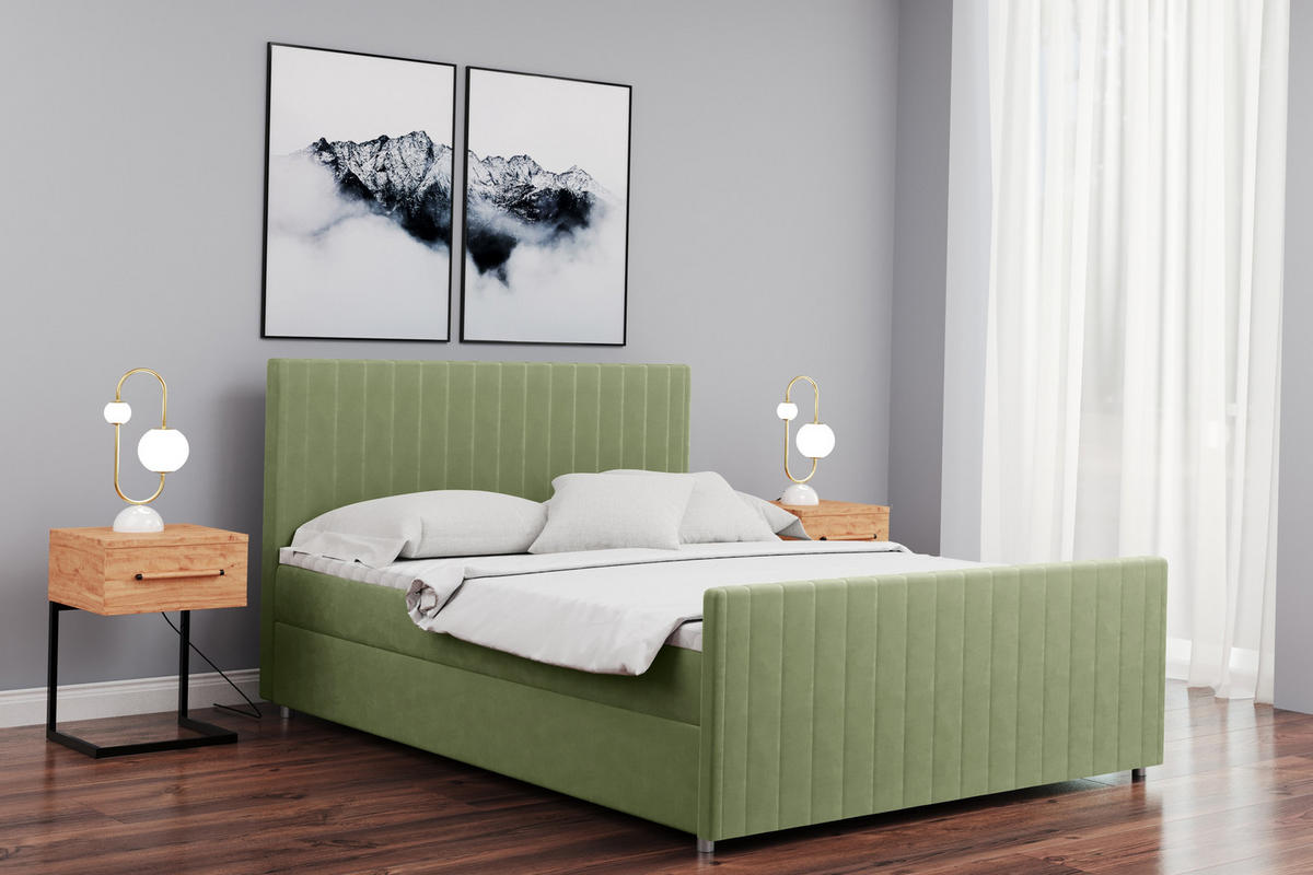 BOXBETT mit Bettkasten Matratze Topper LATINO stoff Velvet 200x200 cm Hellgrün H2-Pocket - Hellgrün, Holz/Holzwerkstoff (200/200cm) - Kaiser Möbel