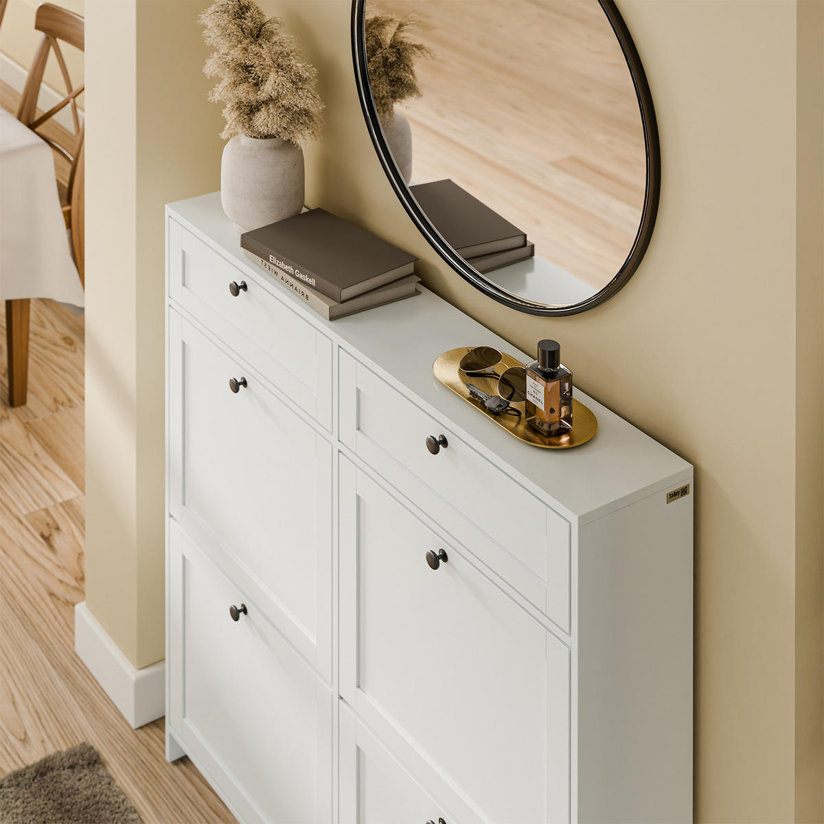 SCHUHKIPPER Schmal mit Schublade, Weiß 100x107x19 cm - Weiß, Holzwerkstoff (100/107/19cm) - SoBuy