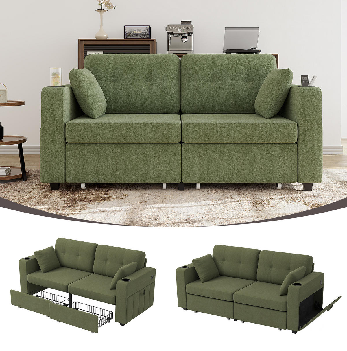 2-SITZER Sofa aus Chenille 172x75x82 cm in Olive mit USB-Anschlüssen & Stauraum - Grün, Textil (75/82/172cm) - Modfu