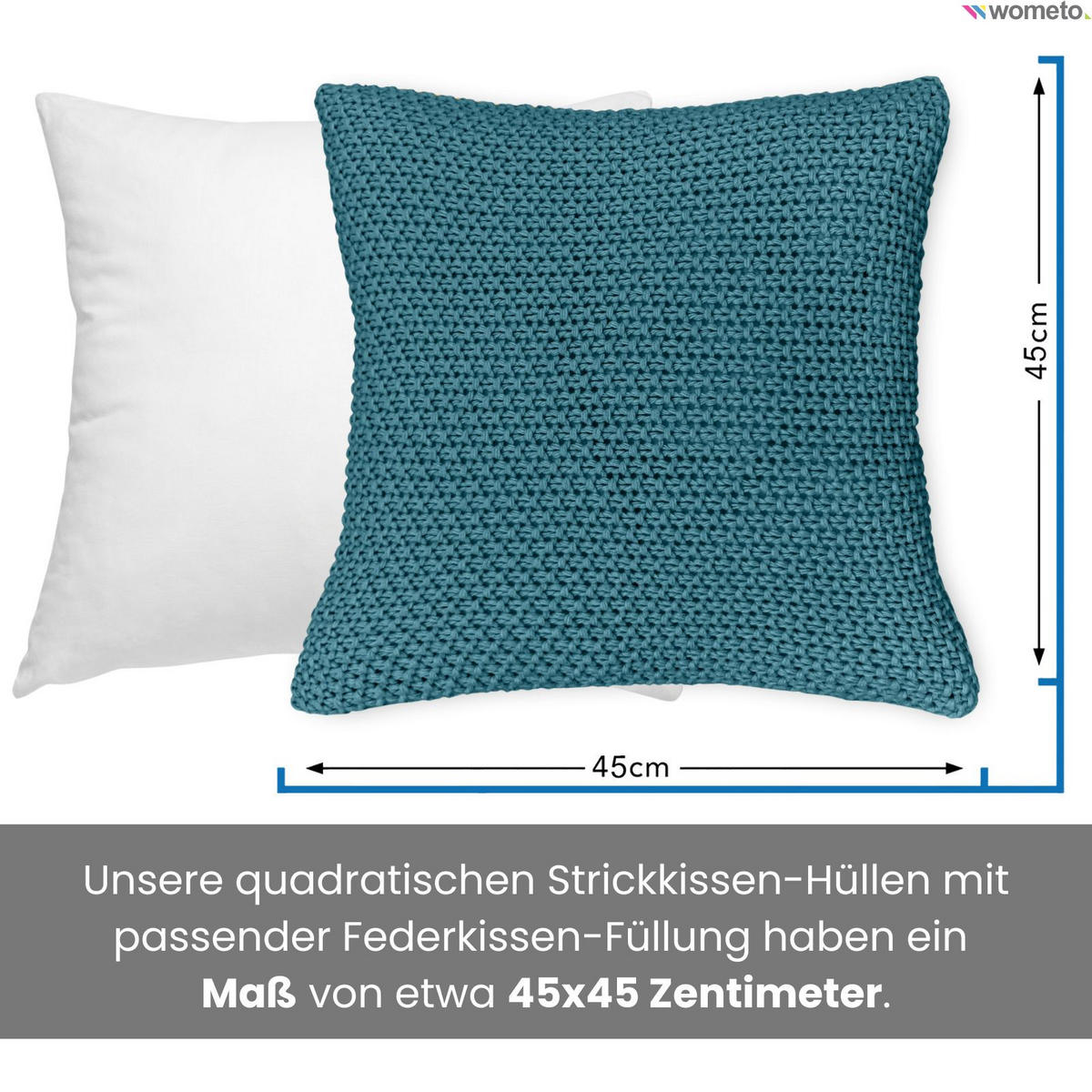 KISSENHÜLLE Strick türkis 45/45 cm mit Reißverschluss inkl. 100% Federkissen - Türkis, Textil (45/45cm) - wometo
